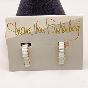 Diane von Furstenberg new old stock milk glass baguette gold clip on earrings